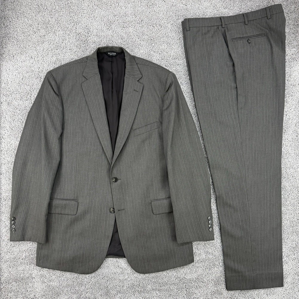 Jos A Bank Travelers Suit Men's 44L/39W Brown Pinstripe Wool Flat Front Tailored